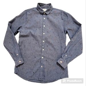 Frank + Oak chambray denim cotton print long sleeve button front shirt